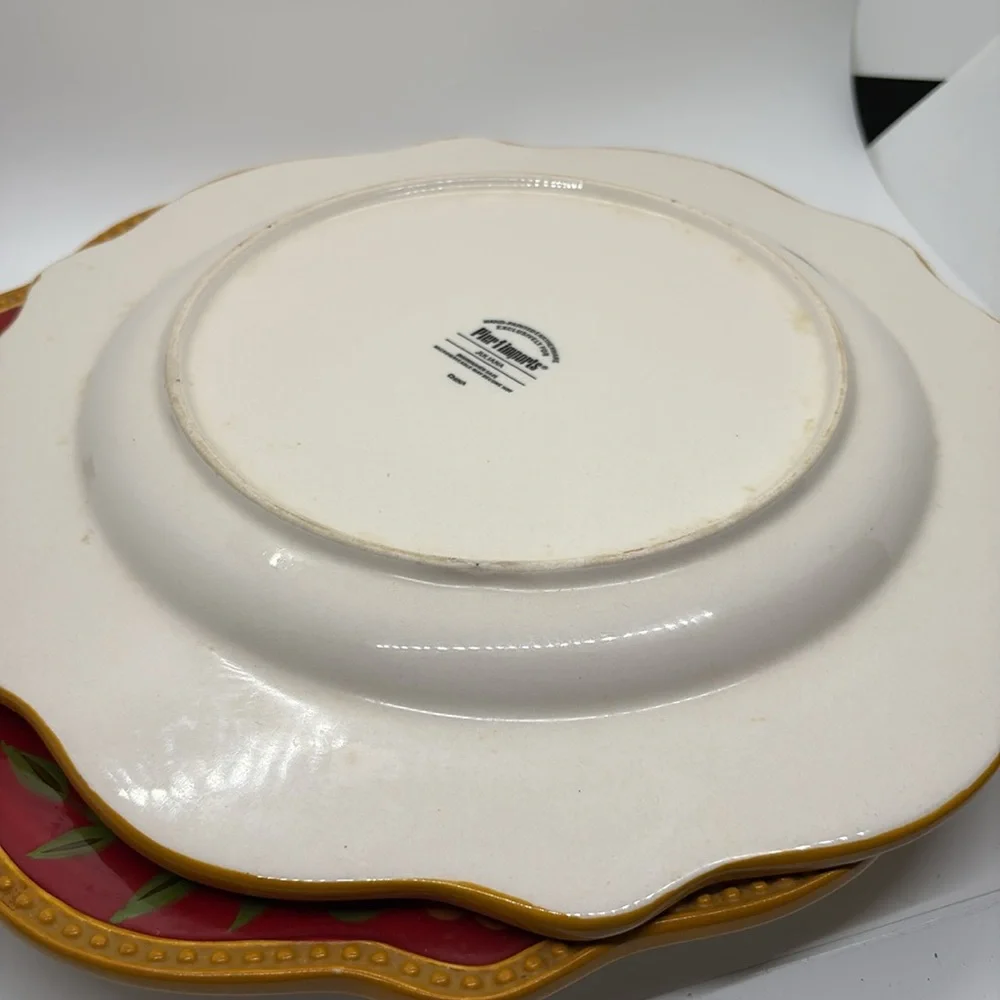 Pier 1 Juliana hand painted floral gold red scalloped edge dinner plates.